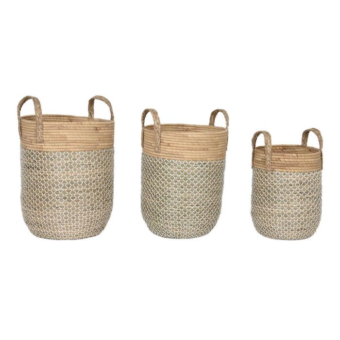 DKD Home Decor Cesta Urban Liah, Set de 3 Cestas Marrón Claro y Blanco de Junco y Seagrass, Acabado Natural, 44x44x63 cm con Asa 1
