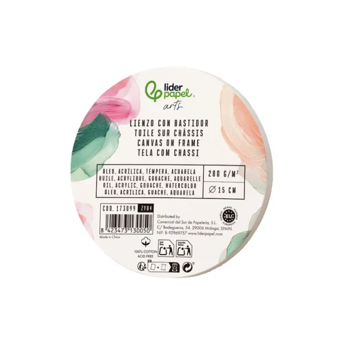 Liderpapel Bastidor Redondo Lienzo 100% Algodón Borde Madera 15 cm Gramaje 280g/m2 FSC 1