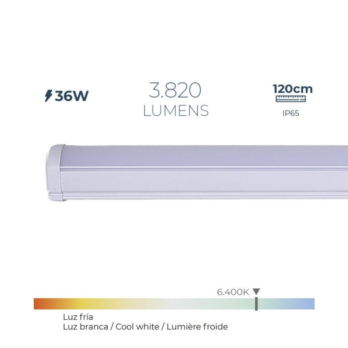 Regleta led 36 W 6.400 k luz fria 3.820 lm 120 x 4,6 x 5,1 cm Regleta led 36 W 6.400 k luz fria 3.820 lm 120 x 4,6 x 5,1 cm