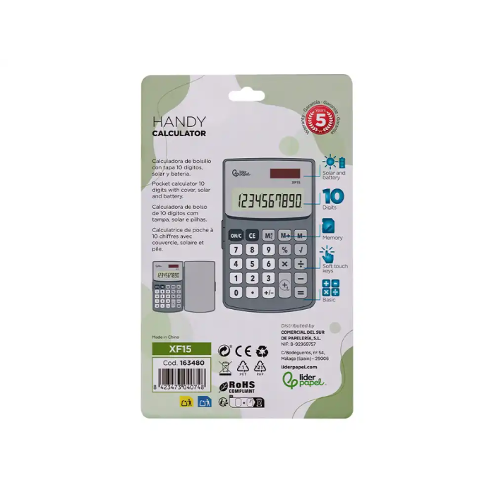 Liderpapel Calculadora Bolsillo XF15 10 Dígitos Solar y Pila Color Gris 123x75x12 mm 4