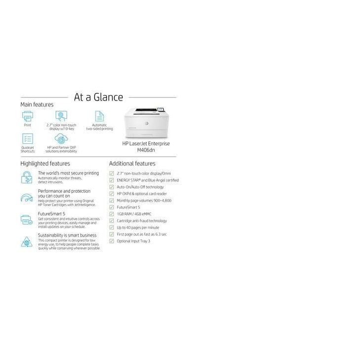 HP 3PZ15A Impresora Láser Monocromo LaserJet Enterprise M406DN | Dúplex Automático, Ethernet, 40 ppm, Seguridad Avanzada 30 HP 3PZ15A Impresora Láser Monocromo LaserJet Enterprise M406DN | Dúplex Automático, Ethernet, 40 ppm, Seguridad Avanzada 30