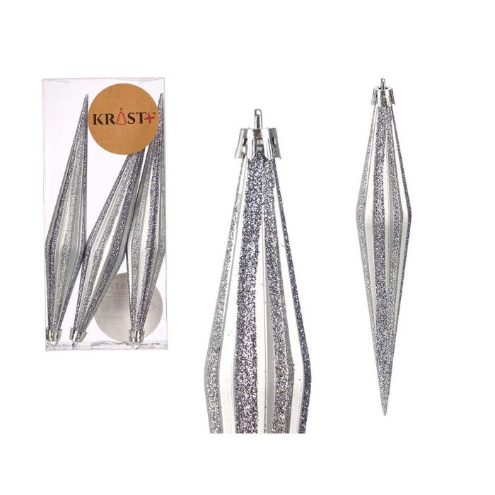 Krist+ Set de 3 Adornos Navideños Alargados en Plata, 17 cm (12 Unidades) Krist+ Set de 3 Adornos Navideños Alargados en Plata, 17 cm (12 Unidades)