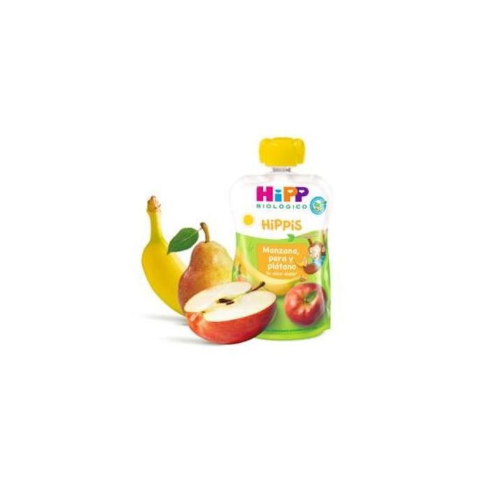 HIPP Pouches de Manzana, Pera y Plátano Bebibles 100g, 100% Fruta Ecológica, Sin Gluten ni Azúcares Añadidos, +4 Meses