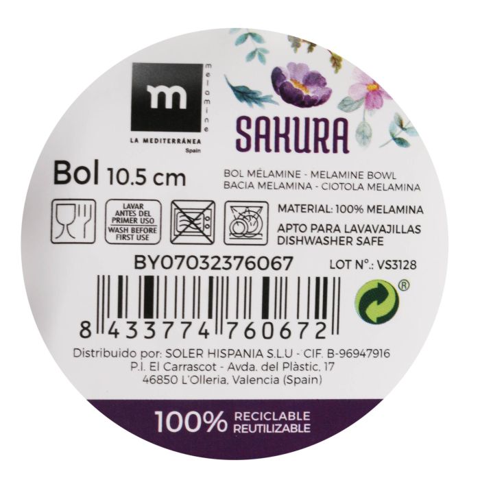 La Mediterranea Bol de Melamina Colección Sakura Brillo 10.5 cm (36 Unidades) 1