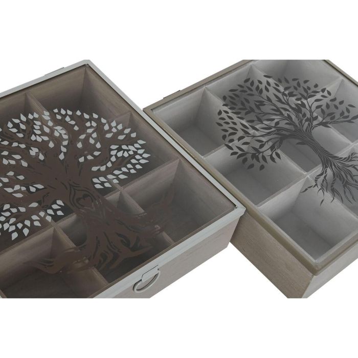 Caja para Infusiones Home ESPRIT Marrón Beige Metal Cristal Madera MDF 24 x 24 x 6,5 cm (2 Unidades) 2