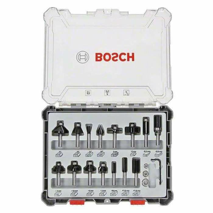 Bosch 2 607 017 472 - Set de Fresas Mixtas 15 Piezas, Carburo, para Madera, Vástago 8mm, DIN EN-847 1