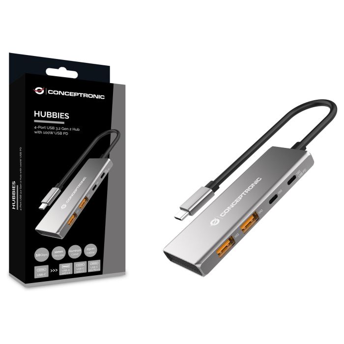 Conceptronic HUBBIES15G 4-Port USB 3.2 Gen 2 Hub, 10Gbps, USB-C x 2, USB-C a W Usb PD/Aluminum 1