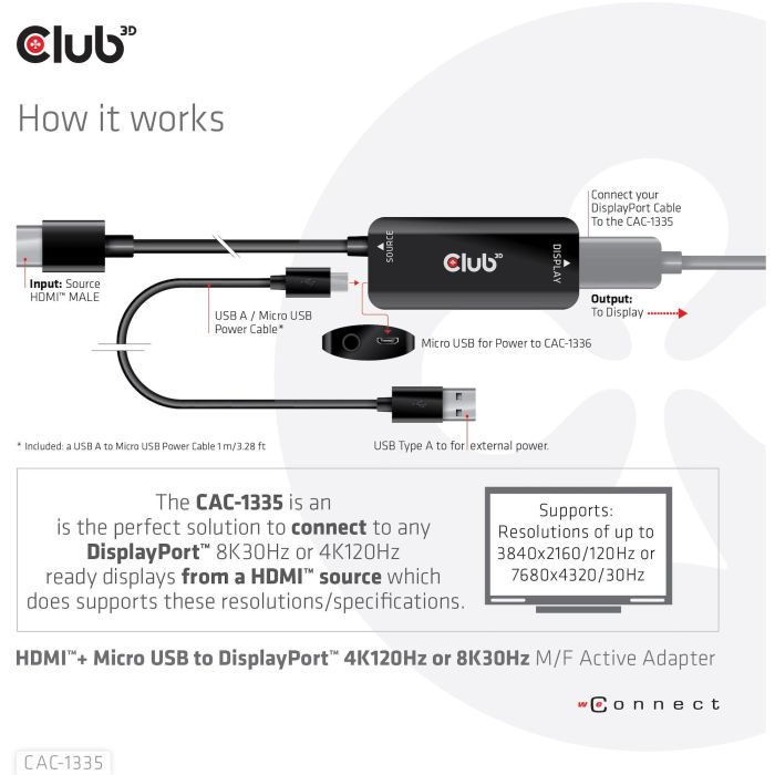 Club3D Adaptador HDMI + MicroUSB a DisplayPort Activo 4K120Hz 8 Club3D Adaptador HDMI + MicroUSB a DisplayPort Activo 4K120Hz 8