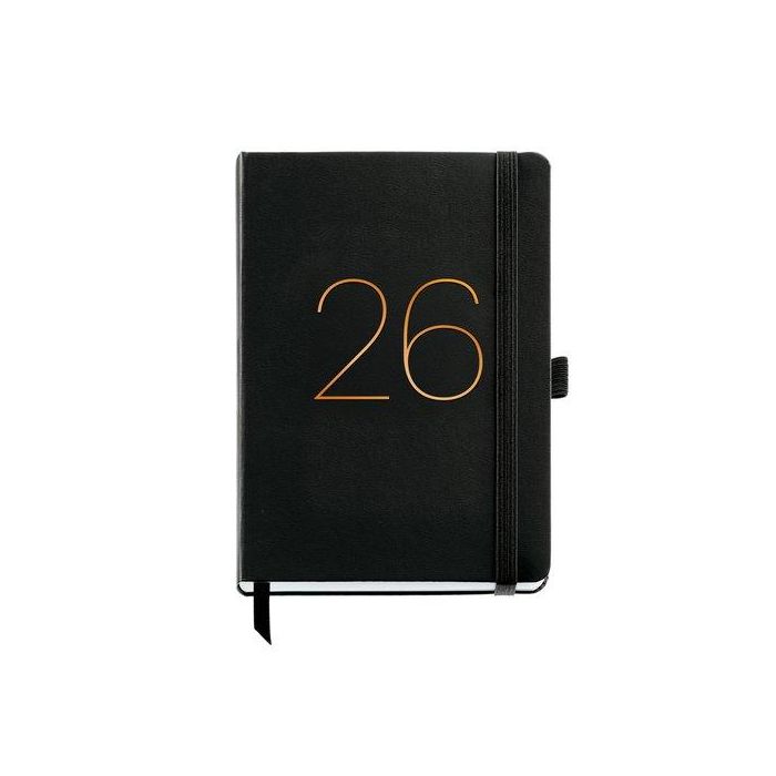 Agenda Anual (2026) Catalan Miquelrius Basic Chester Cosida Tapa Simil Piel Con Goma Plus 155X213 S/V Negre