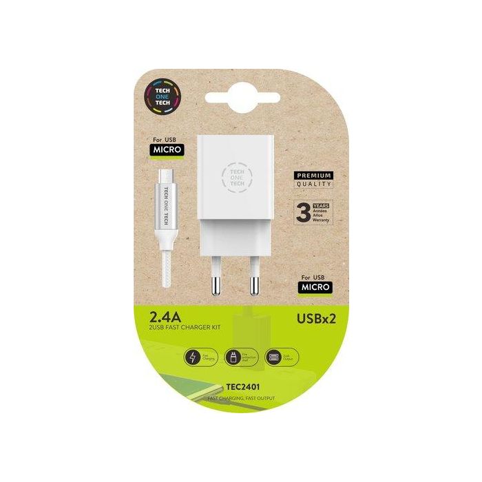 Cargador Tech-One-Tech Doble Pared Blanco + Cable Usb-Usb Micro Alto Rendimiento 2,4A