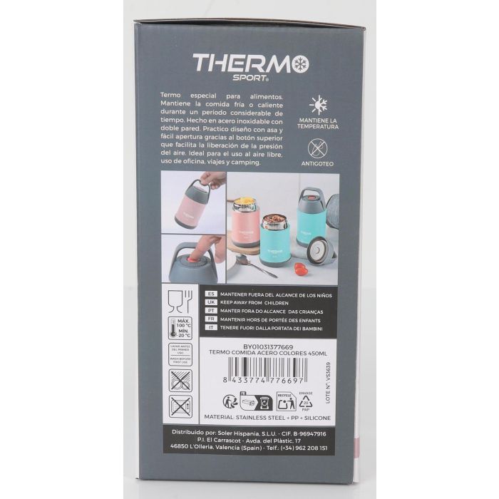 Thermosport Termo Comida de Acero para Alimentos, Capacidad 450 ml, Disponible en Varios Colores, Medidas: 9 cm x 9 cm x 17,2 cm (8 Unidades) 10