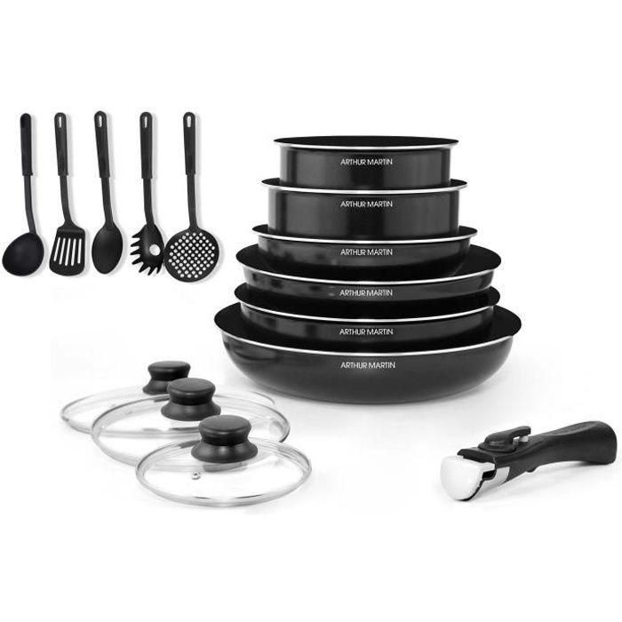 Arthur Martin Batería de Cocina Extraíble 15 Piezas Antiadherente PFOA Free de Aluminio, Apta Inducción y Horno 16-26 cm