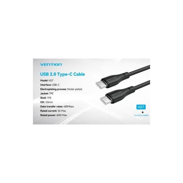 Cable USB Tipo-C Vention H27BF/ USB Tipo-C Macho - USB Tipo-C Macho/ 60W/ 480Mbps/ 1m/ Negro 2