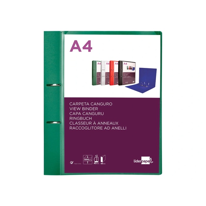Liderpapel Carpeta Canguro 2 Anillas 40 mm Polipropileno DIN A4 Verde Translucido 1