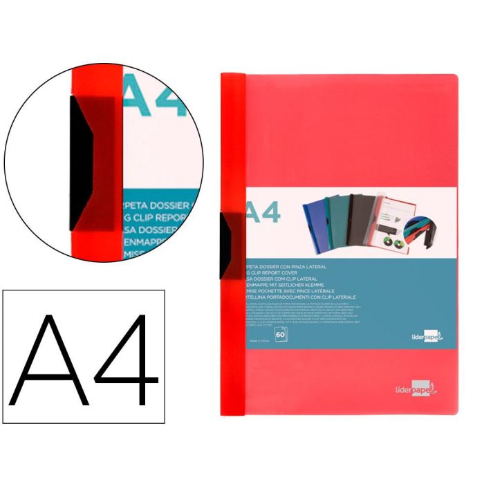 Carpeta Liderpapel Dossier Pinza Lateral Polipropileno Din A4 Rojo Translucido 60 Hojas Pinza Deslizante