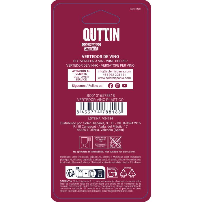 Inde Vertedor Vino Plástico 6,9 cm Ancho x 2,7 cm Alto x 14,4 cm Largo 6 Inde Vertedor Vino Plástico 6,9 cm Ancho x 2,7 cm Alto x 14,4 cm Largo 6