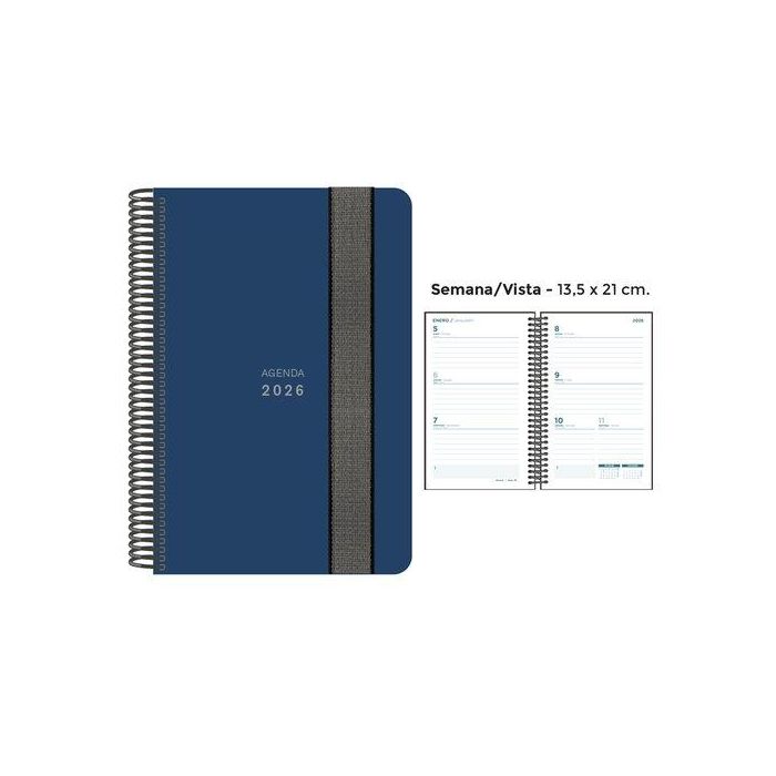 Agenda Anual (2026) Senfort Unicolor Espiral Tapa Pp Con Goma 135X210 S/V Azul Oscuro