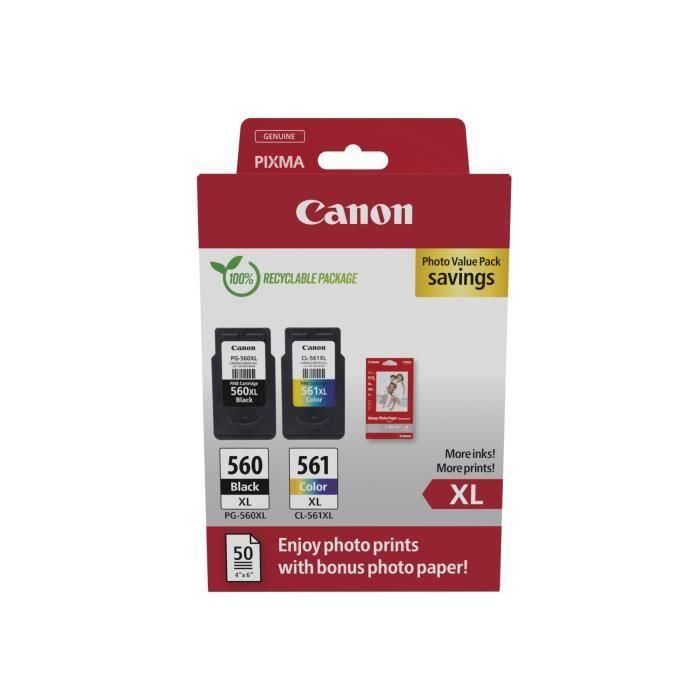 Canon Tinta Ecopack Bk+ C-M-Y + 50H Papel Fotográfico 10x15 Para Pixma Ts 5350-5351-5352-5353-7450 - Pg 560XL + Cl 561XL 2