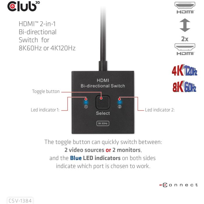 Club3D HDMI Switch Bidireccional 8K60Hz/4K120Hz UHD CSV-1384 12