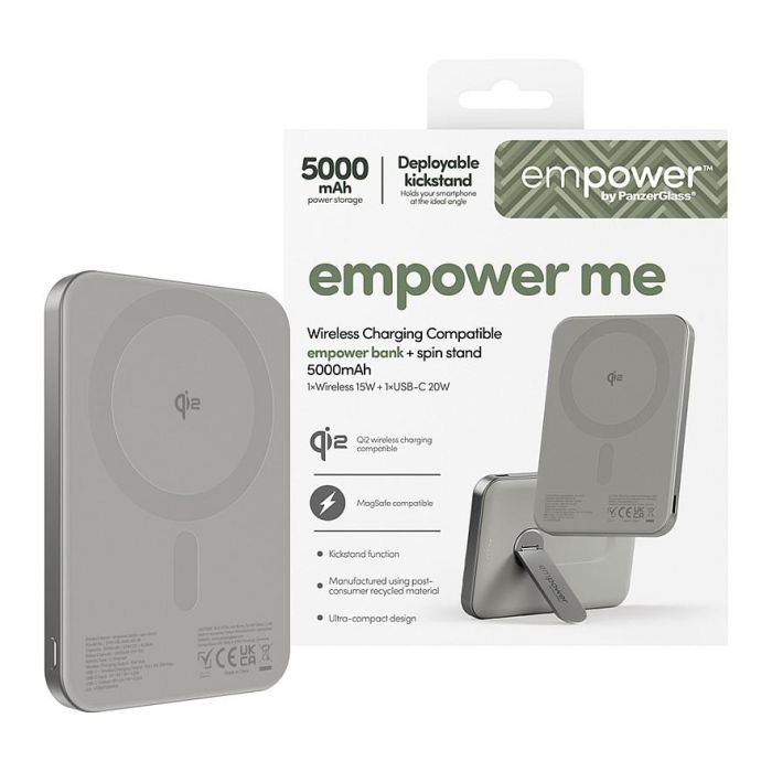 PanzerGlass Empower Bank con Spin Stand - Batería Portátil Inalámbrica 5000mAh, Carga Rápida 20W, Compatible con MagSafe, Cargador 15W, Color Titanio 3