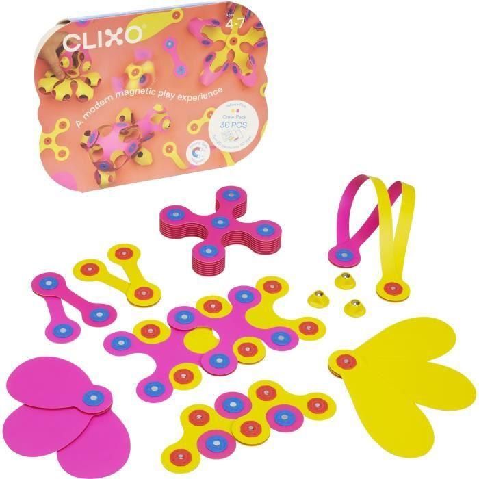 GIPSY TOYS AAADG59402 Clixo Crew Pack Rosa/Amarillo - Juego de Construcción Magnético Flexible - 30 Piezas - A partir de 4 Años