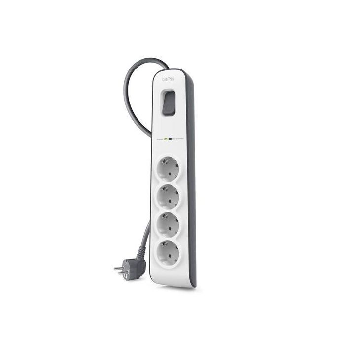 Belkin Regleta de Protección contra Sobretensiones con 4 Tomas, Botón de Apagado/Encendido, Cable de 2 Metros, Color Blanco-Gris