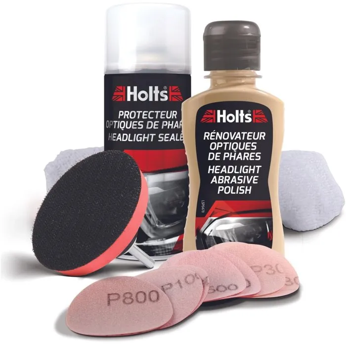Holts Kit de Renovación de Óptica de Faro con Protector, Microfibras y Discos Abrasivos 1