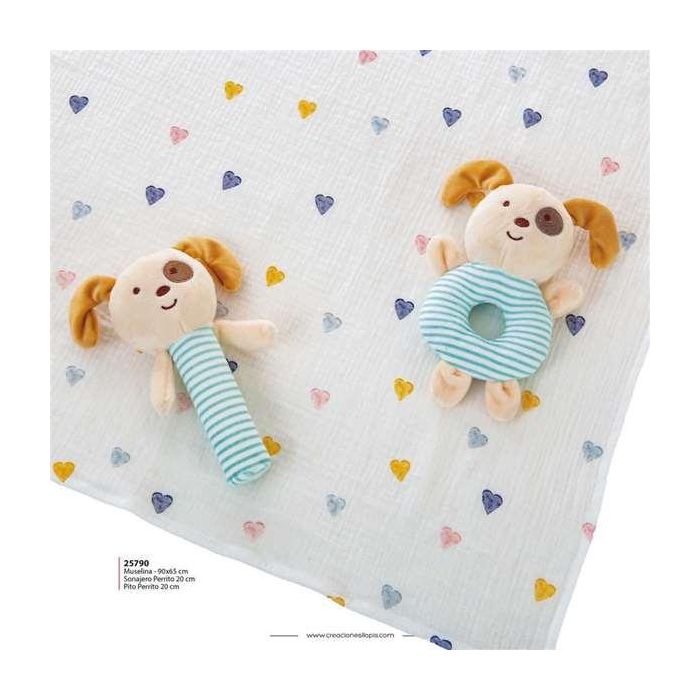 Creaciones Llopis Set Caja + Muselina 90x65cm + Pito+Sonajero 20cm Perro 1