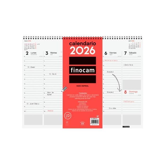 Finocam Vade Calendario Espiral 420x310 mm 2026 – Sobremesa de Polipropileno para Planificación Semanal