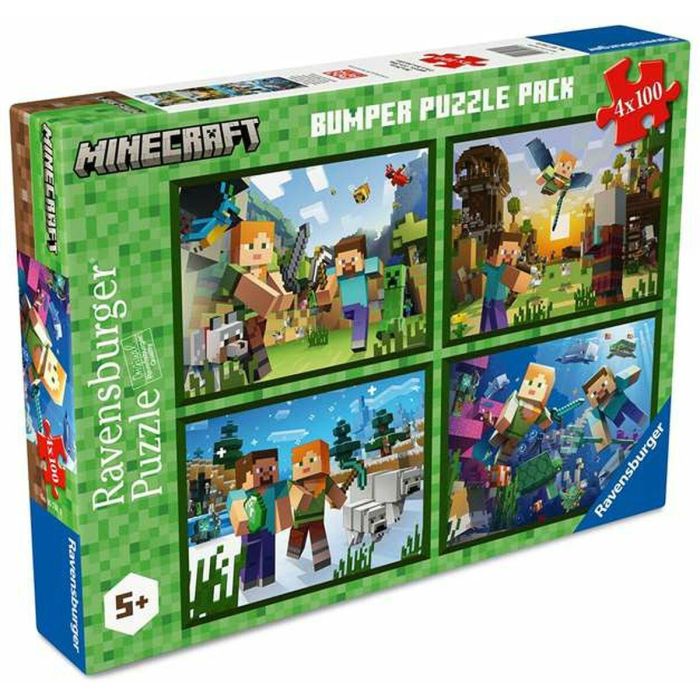 Ravensburger Puzzle Minecraft Bumper Pack con 4 Puzzles de 100 Piezas Cada Uno (Total 400 Piezas), Ideal para Niños a partir de 5 Años