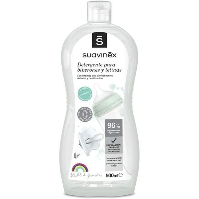 Suavinex Detergente para Biberones y Tetinas, limpia utensilios de bebé, chupetes, mordedores, 96% natural, piel sensible 500 ml