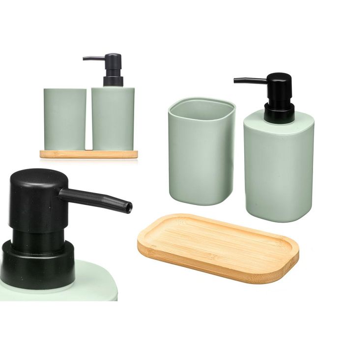 Berilo Set Dosificador Vaso Base Bambú Menta Plástico (PP) y Bambú Verde 7.3x7.3x17.5cm y 7.3x7.3x11cm (Set de 12)