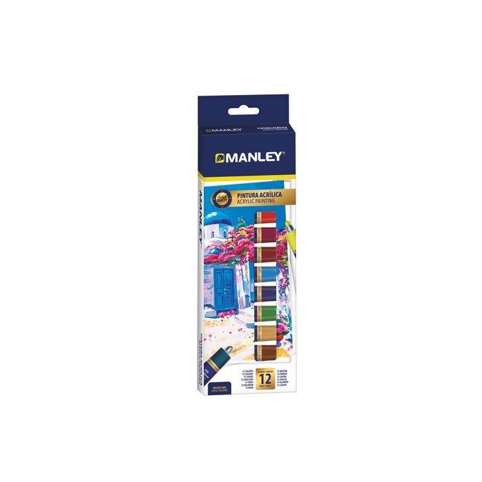 Manley Pintura Acrílica 12 tubos de 12 ml, Colores Surtidos, Calidad Superior Pigmentos, Excelente Cobertura, Colores Brillantes