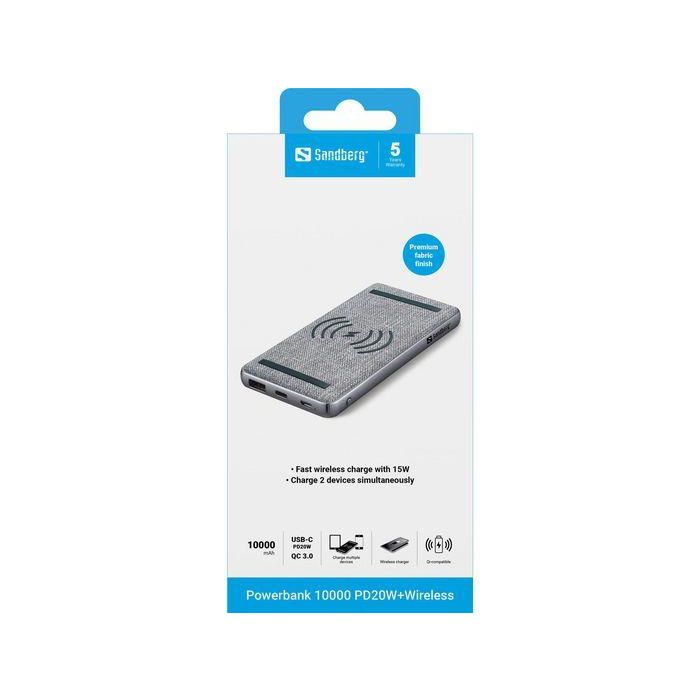 Sandberg Powerbank 10000 PD20W+Wireless Batería Secundaria Inteligente Carga Inalámbrica QI Puerto USB-C QC 3.0