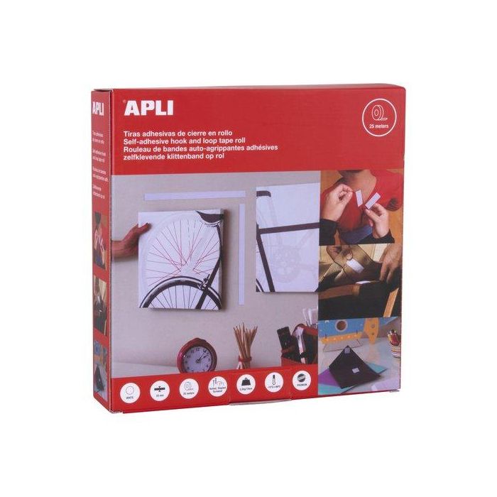 Apli Cinta Gancho Bucle Adhesiva Tipo Velcro 20 mm x 25 m Blanco - Adhesivo Acrílico, Cierre Fuerte