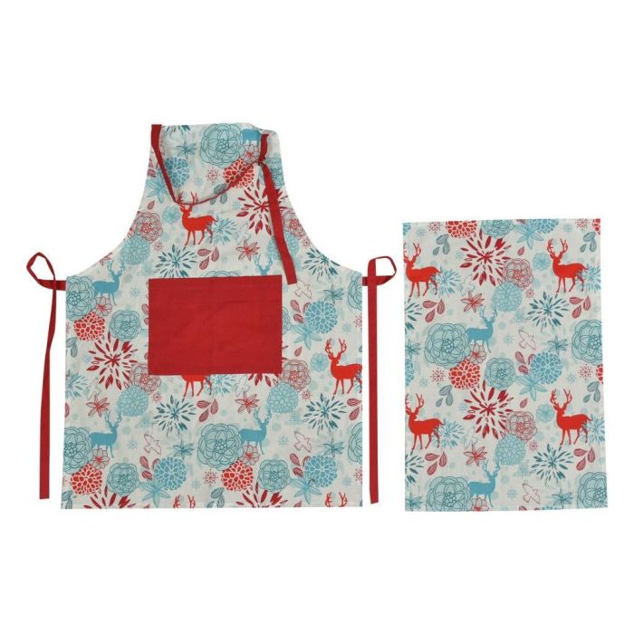 DKD Home Decor Delantal de Cocina Navidad Moderno, Patrón Reno Flores, Set de 2, Azul Celeste y Rojo, Algodón y Poliéster