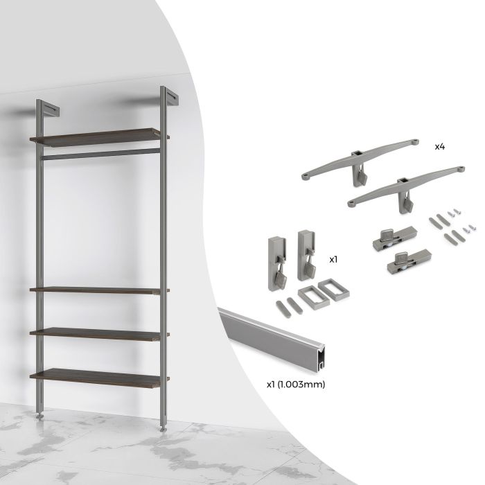 Emuca Kit de soportes para 4 estantes de madera y 1 barra de colgar de longitud 1m Zero, Aluminio y Zamak y Plástico, Pintado color gris piedra 0 Emuca Kit de soportes para 4 estantes de madera y 1 barra de colgar de longitud 1m Zero, Aluminio y Zamak y Plástico, Pintado color gris piedra 0