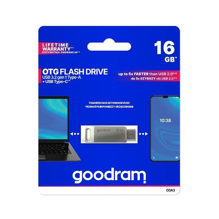 Goodram ODA3 Silver Memoria USB 16GB USB 3.2 Gen 1 Dual Tipo A y Tipo C, Plata