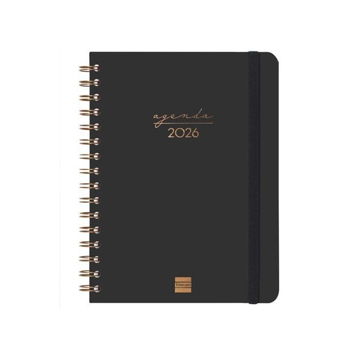 Finocam E10-155x212 mm Agenda Espiral Alma 2026, Tapa Dura, Formato DIN A5, Negro, con Goma Elástica y Adhesivos