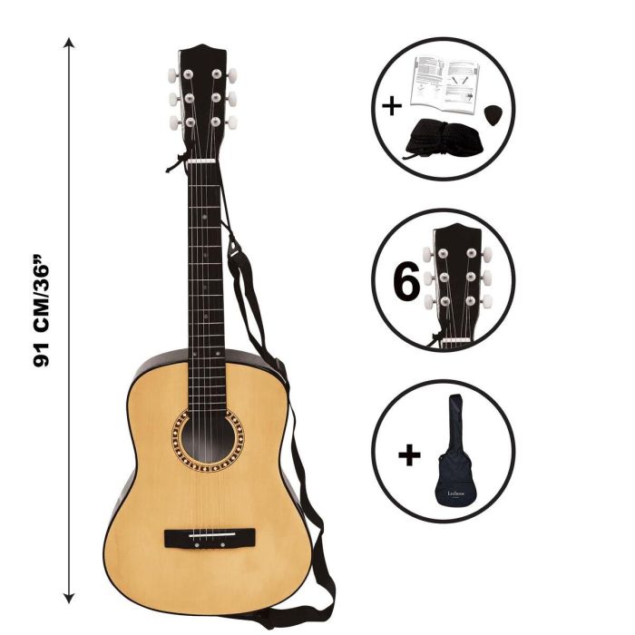 Lexibook Guitarra acústica de madera 91 cm con 6 cuerdas de nailon, bolsa de transporte, púa, correa y método de aprendizaje 9