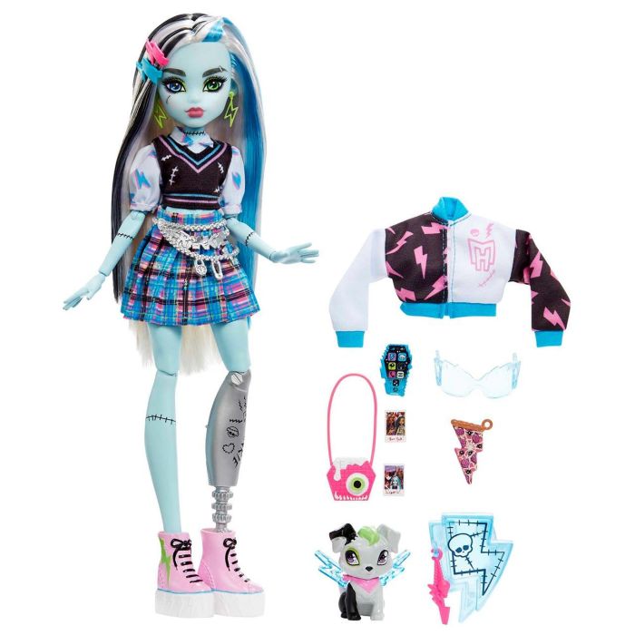 Mattel Hhk53 Muñeca Monster High Frankie Stein con Falda a Cuadros, Blusa Relámpagos, Chaleco Costuras y Mascota Watzie 1 Mattel Hhk53 Muñeca Monster High Frankie Stein con Falda a Cuadros, Blusa Relámpagos, Chaleco Costuras y Mascota Watzie 1