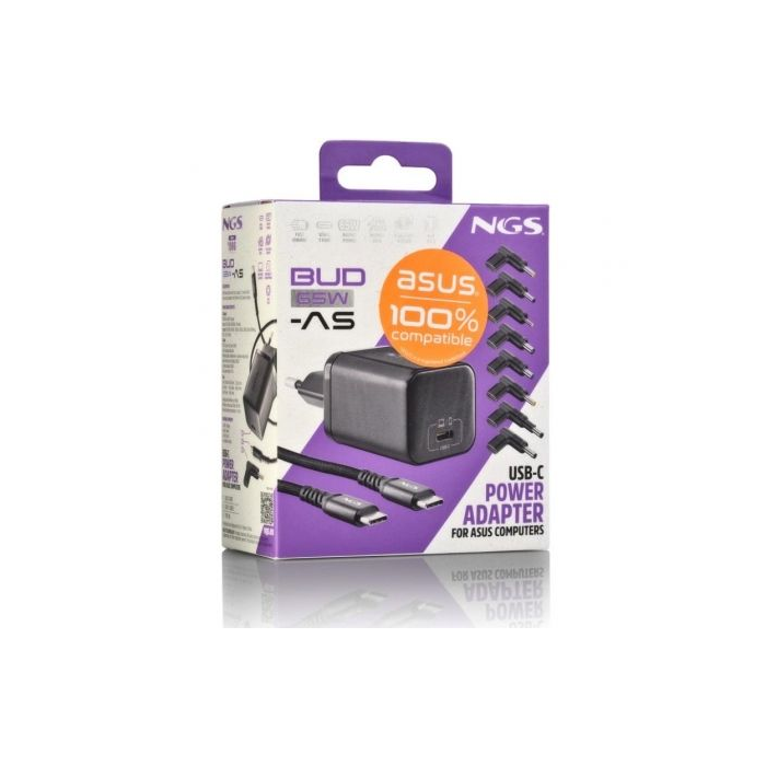NGS BUD65W-AS Cargador GaN Portátil 65W USB Tipo-C Automático 8 Conectores Voltaje 5-20V para Asus 4