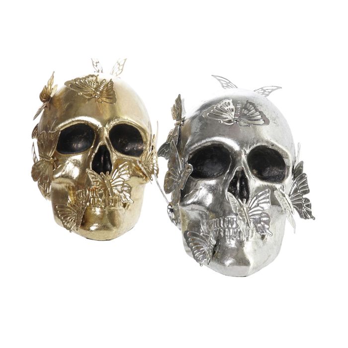 DKD Home Decor Figura Decorativa Glam Calavera Resina Dorado Plateado para Hogar - Pack de 2 Figuras Surtidas - 10.5x11.5x16.5 cm 1