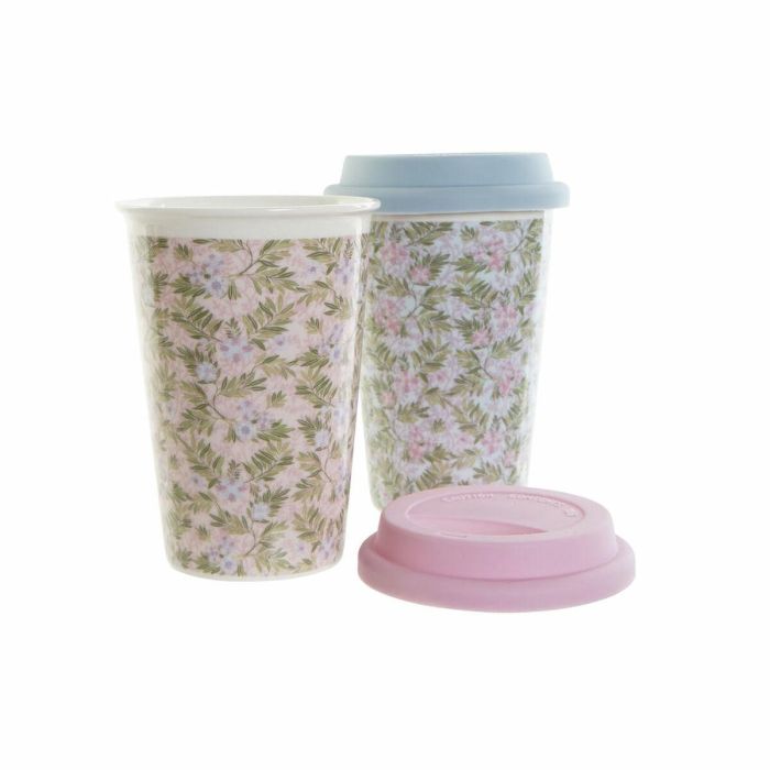 Taza Mug DKD Home Decor Azul Verde Rosa Silicona Porcelana Flores (400 ml) (3 pcs) 1