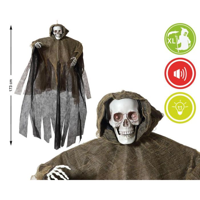 Calavera Colgante con Capa Marrón 173 cm con Luz y Sonido – Decoración Halloween Espeluznante
