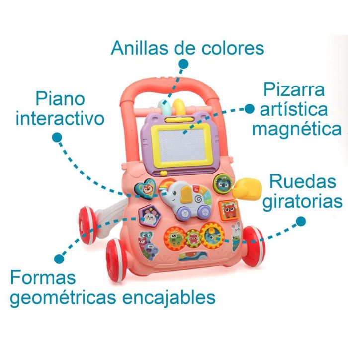KioKids Correpasillos Andador de Actividades Interactivo para Bebés +12 Meses con Piano, Pizarra y Formas - Desarrollo y Paseo Rosa 4