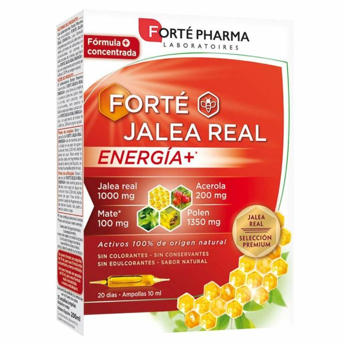Forté Pharma Jalea Real Energía+ Suplemento Alimenticio Ampollas. Vitalidad con Polen, Mate y Acerola. 20 unidades, Sin Azúcar.
