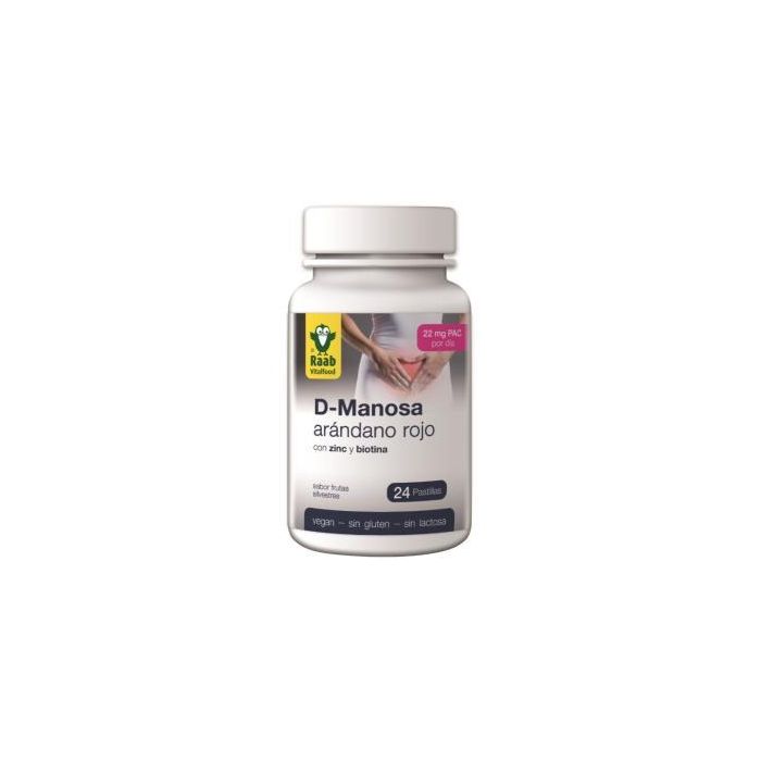 RAAB VITALFOOD D-Manosa Arándano Rojo 24 Comprimidos Chupar. Para Mucosas, Vegano, Sabor Frutas Silvestres