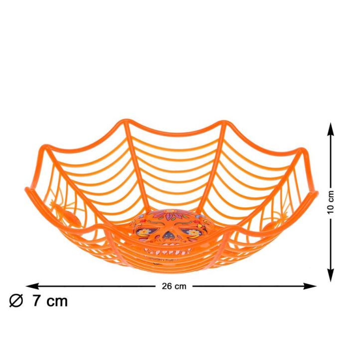 Canasto Plástico Naranja Telaraña Calavera para Halloween