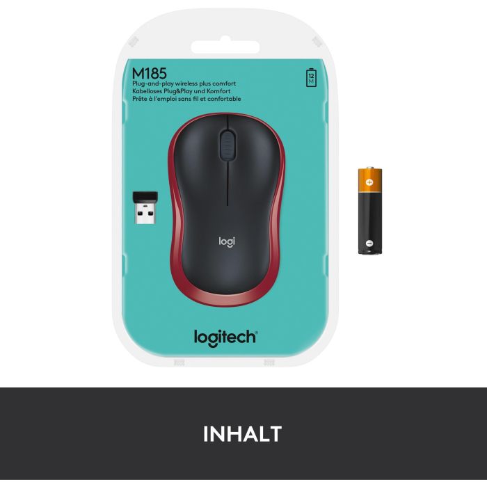 Logitech M185 Ratón Inalámbrico RF Plug-and-Play Rojo con Nano Receptor USB, Ergonómico, Fiable, Batería 1 Año 6
